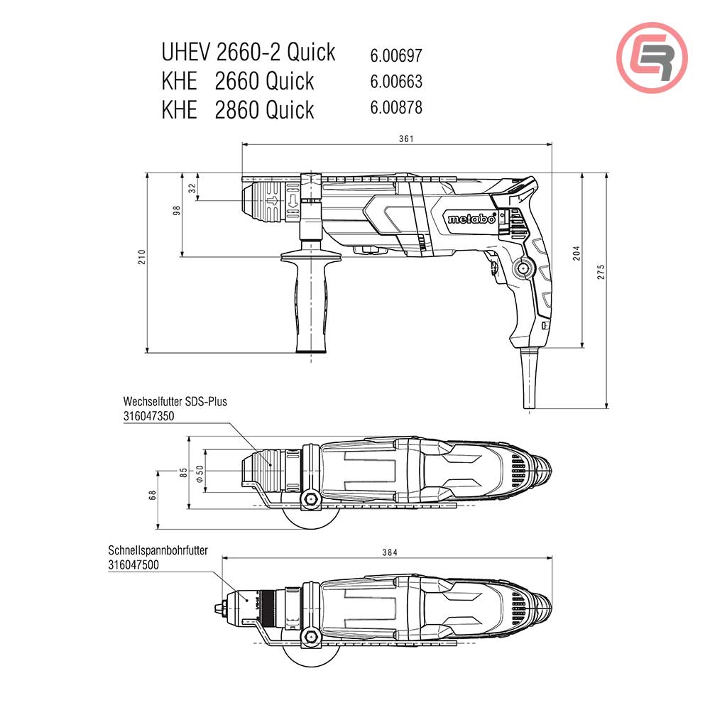 Metabo Čekić Kombinovani KHE 2660 Quick SDS-plus 850 W + metaBOX 145 L – 600663500 by Metabo 600663500 Čekići