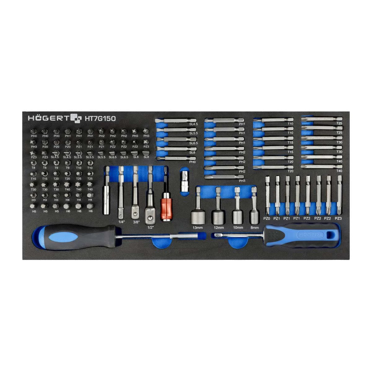 HOEGERT 107-dijelni set bitova sa nastavcima za nasadne ključeve 1/4”-3/8”-1/2” umetak za radionička kolica HT7G150