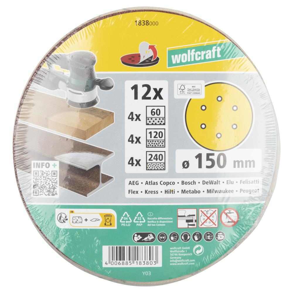 Wolfcraft Papir Brusni Čičak fi 150 mm Set GR. 60, 120, 240 Drvo / Metal / 12 dijelni – 1838000 by Wolfcraft 1838000 Brusni