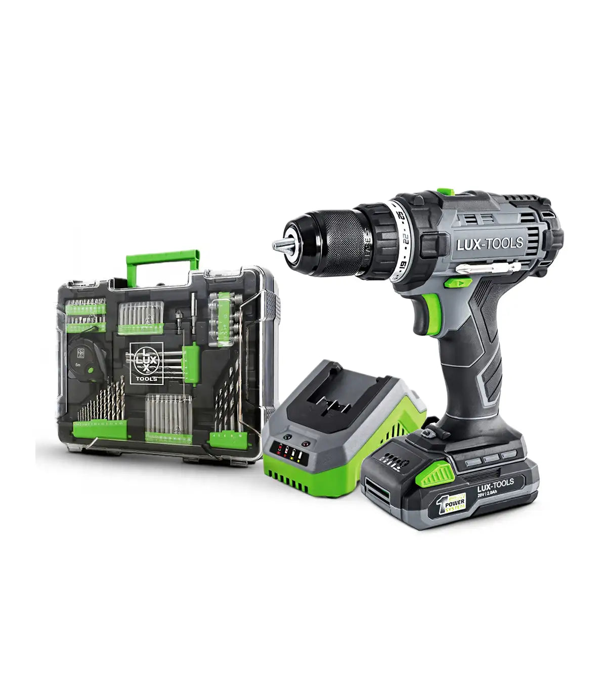 Lux Tools – Akumulatorska bušilica / odvijač 1 PowerSystem 20 V sa baterijom i setom alata Aku bušilice, odvijači i čekići