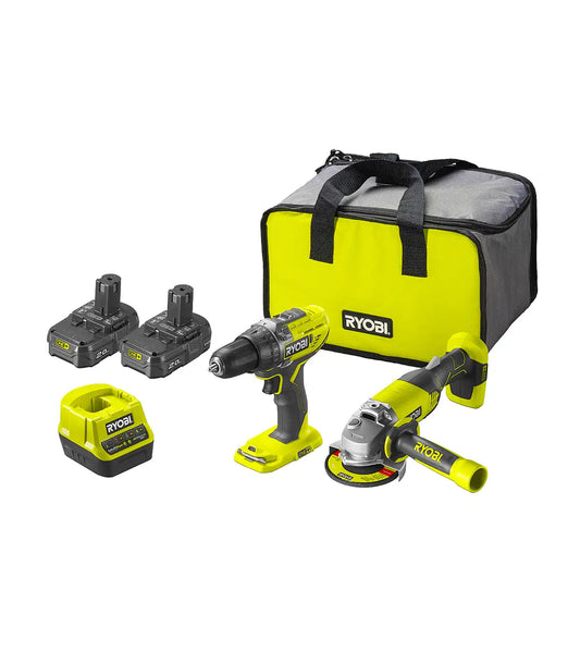 Ryobi – Akumulatorska bušilica-odvijač sa ugaonom brusilicom 18 V STARTNI SET + 2 baterije 2.0 Ah + punjač + torba R18DDAG-220S Aku setovi alata