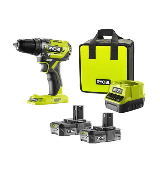 Ryobi – Akumulatorska udarna bušilica – odvijač u setu sa dvije baterije 2.0 Ah i punjačem 18V BRUSHLESS R18PD5-220S Aku bušilice, odvijači i čekići