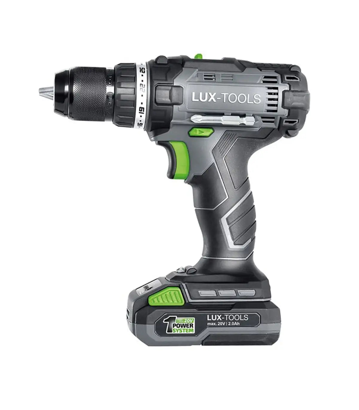 Lux Tools – Akumulatorska bušilica / odvijač 1 PowerSystem 20 V sa baterijom i setom alata Aku bušilice, odvijači i čekići