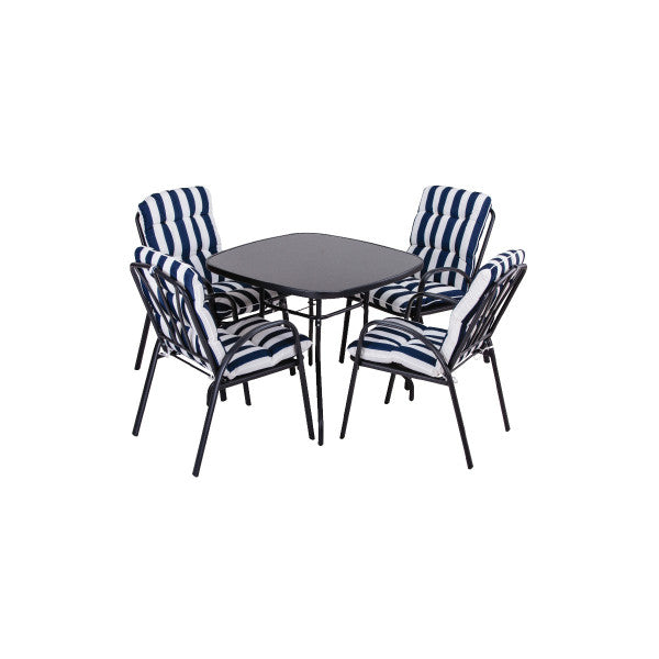 Bastenski set VENETO - sto + 4 stolice sa jastucima plavo bijeli - Metalni setovi - SKU 037984