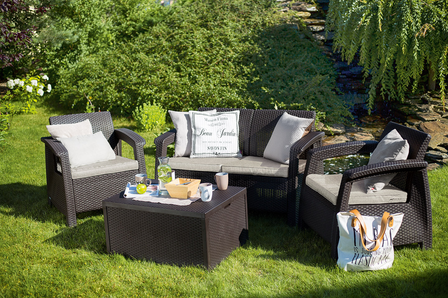 Set Corfu II sa jastucima antracit/smeđa Svi proizvodi, Baštenski namještaj