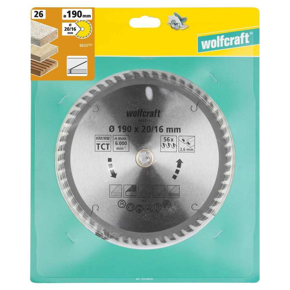 Wolfcraft List Kružne Pile 190 x 2,6 x 20 / 16 mm / Z=56 TCT (fini, čisti rezovi) Za Ručne Kružne Pile – 6633000 by