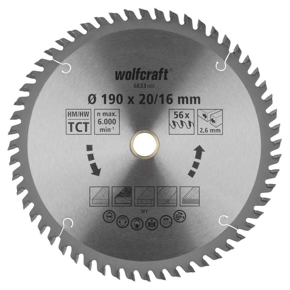 Wolfcraft List Kružne Pile 190 x 2,6 x 20 / 16 mm / Z=56 TCT (fini, čisti rezovi) Za Ručne Kružne Pile – 6633000 by