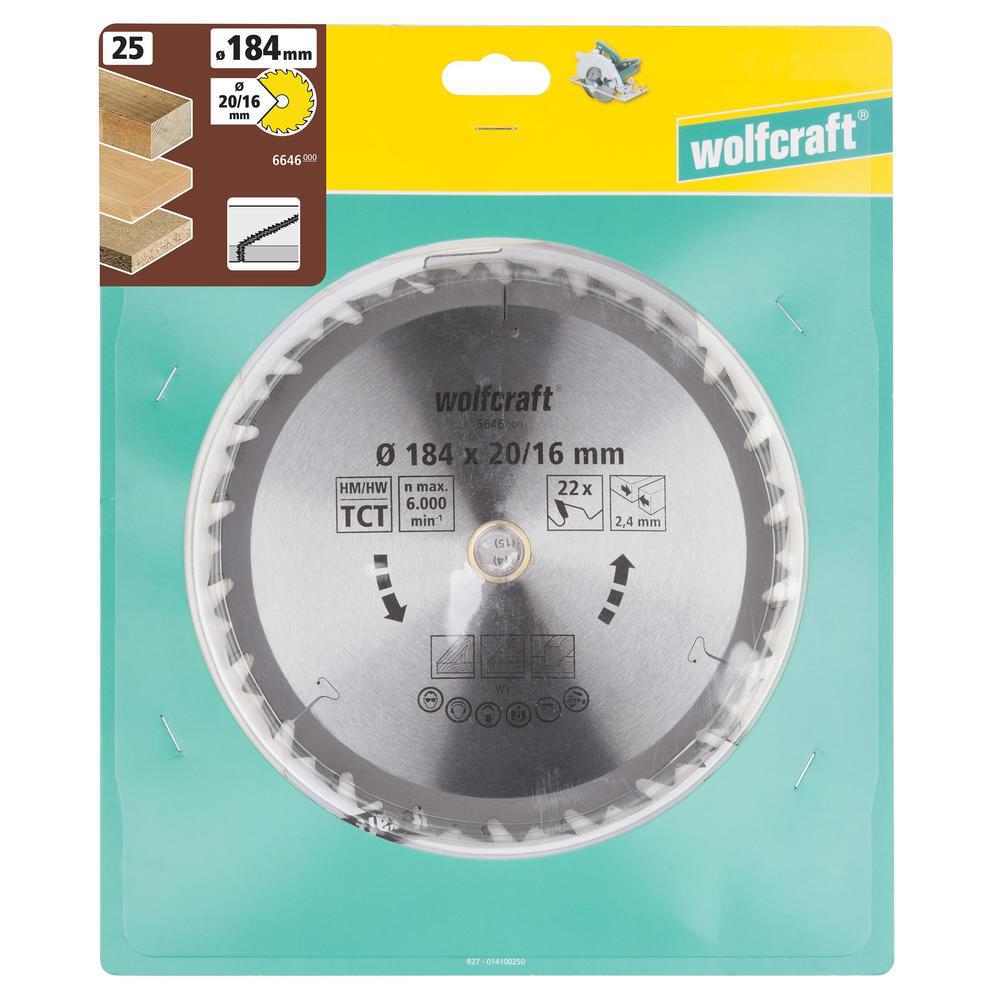 Wolfcraft List Kružne Pile 184 x 2,4 x 20 / 16 mm / Z=22 TCT (brzi, grubi rezovi) Za Ručne Kružne Pile – 6646000 by