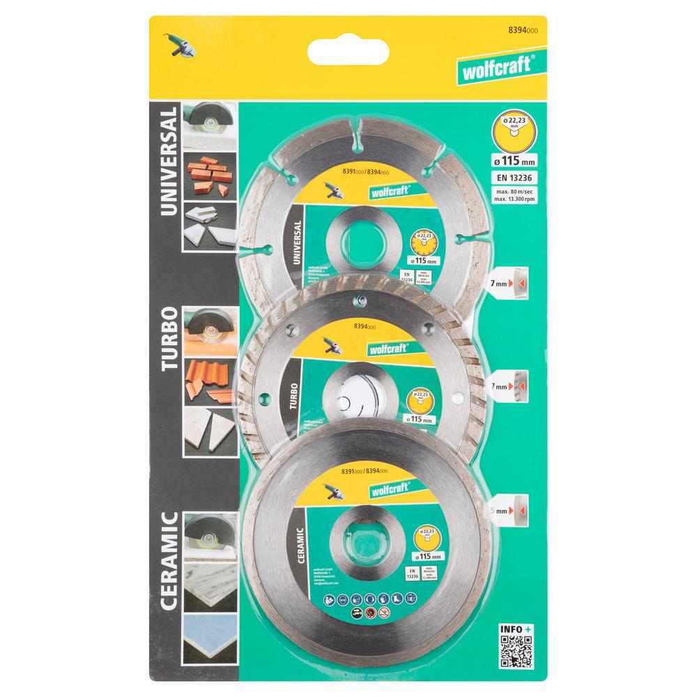 Wolfcraft Set Dijamantnih Reznih Ploča “Universal + Turbo + Ceramic” fi 115 × 22,23 mm / 3 dijelni – 8394000 by Wolfcraft