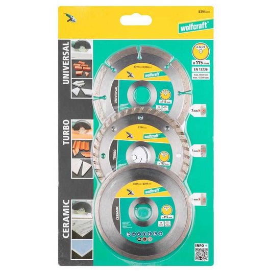 Wolfcraft Set Dijamantnih Reznih Ploča “Universal + Turbo + Ceramic” fi 115 × 22,23 mm / 3 dijelni – 8394000 by Wolfcraft