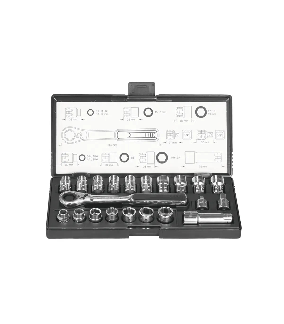 Makita – 21 dijelni set nasadnih ključeva 1/4″, 3/8″, 10-19 mm B-65604 by Makita Ključevi i pribor, Setovi alata