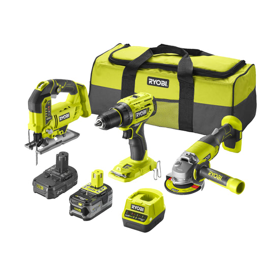 Ryobi – Aku set bušilica-odvijač, ubodna pila i ugaona-kutna brusilica Ryobi 18V sa 2 baterije i punjačem u torbi RCK183A-242S Aku setovi alata